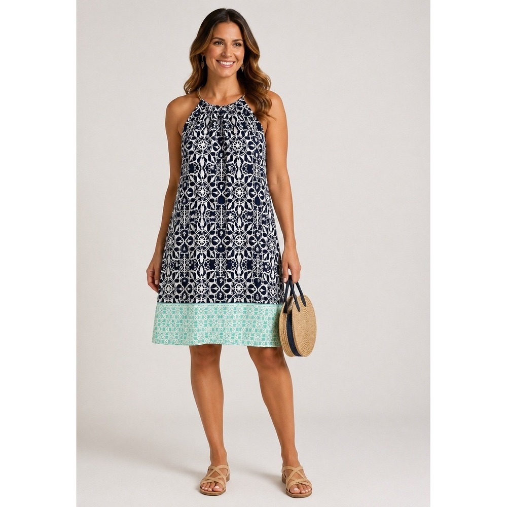 B.‎ Darlin Dress Womens 5/6 Navy Blue Aqua Gold Geometric Resort Vaca NEW